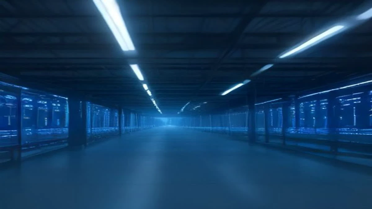 Rows of black ASIC miners mounted on steel frames in a data hall lit by cool blue accent light and warm work lights